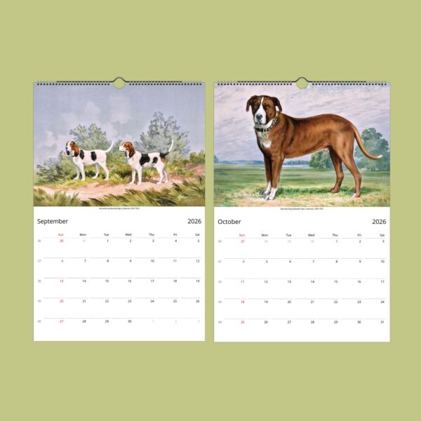 2026 calendar with dog illustrations for September, October