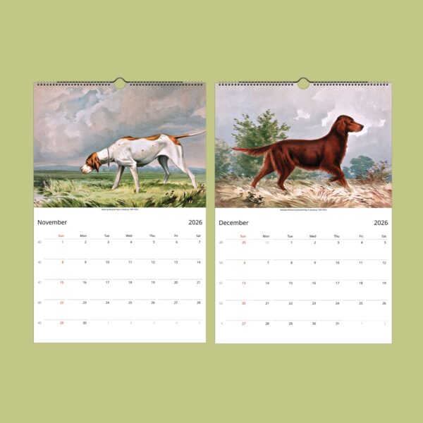 2026 calendar with dog paintings for November, December.