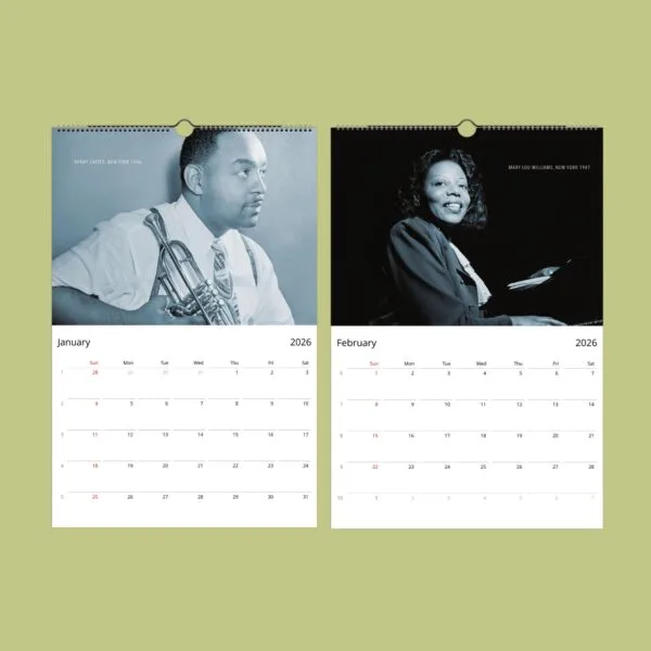 2026 jazz-themed calendar with vintage musician portraits.