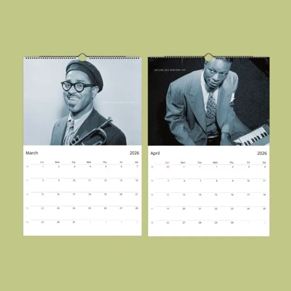 Vintage jazz musicians calendar for March and April 2026.