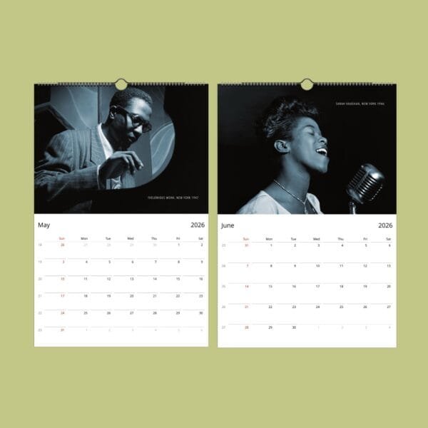 Calendar featuring historical jazz musicians, May and June 2026.