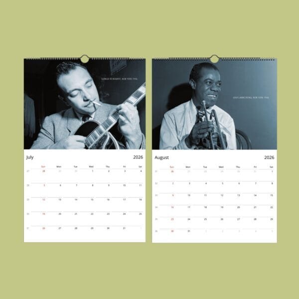 2026 calendar with black and white musician photos.