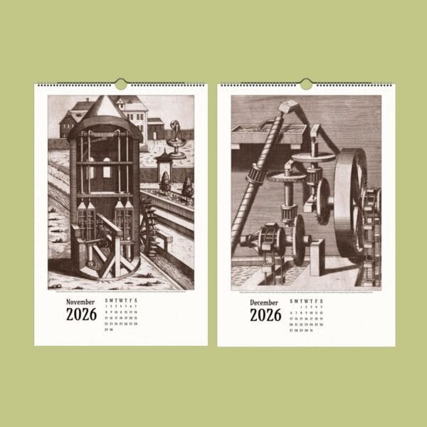 2026 calendar with historical machinery illustrations