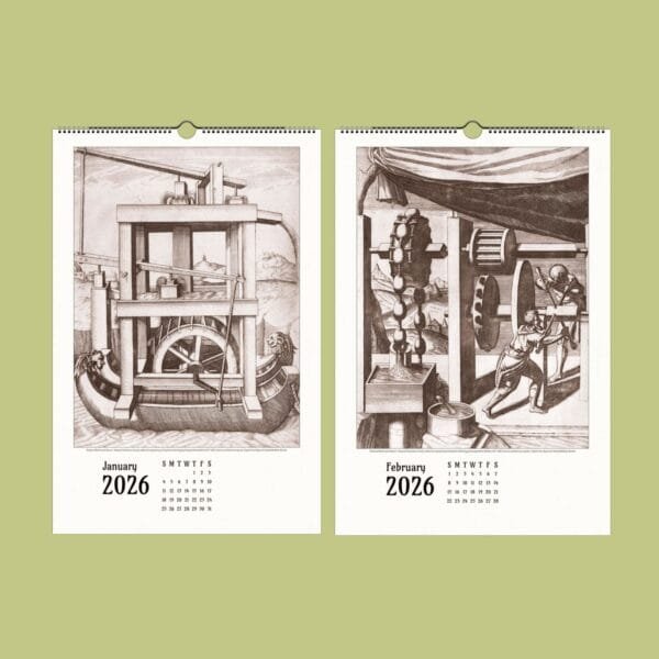 2026 calendar with historical machinery illustrations.