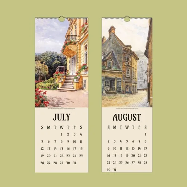 July August calendar with vintage architectural illustrations.