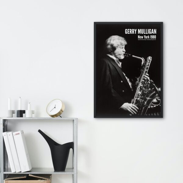 Black and white Gerry Mulligan photograph on wall.