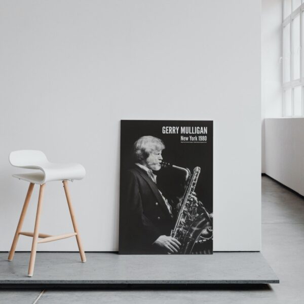 Gerry Mulligan jazz poster next to modern chair.