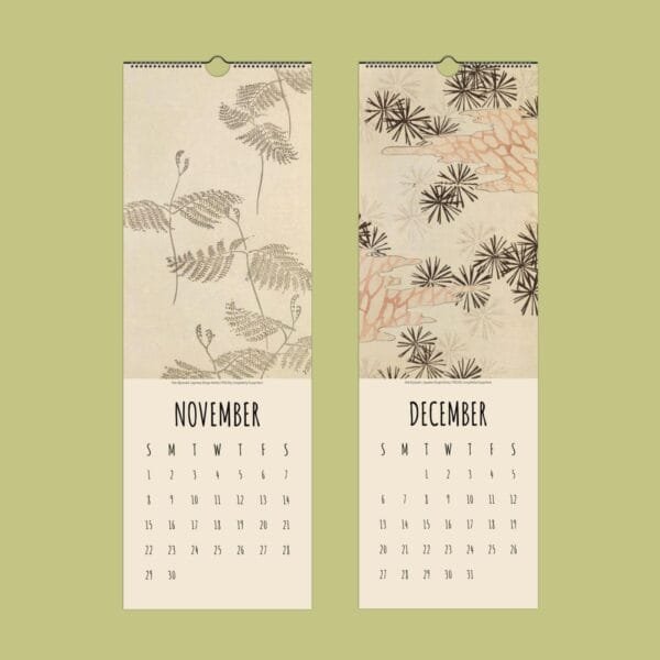 November and December calendar pages with botanical designs.