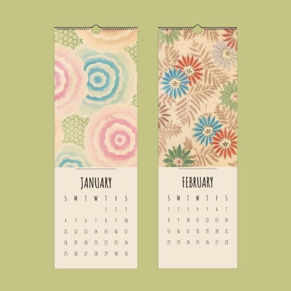 Floral design calendar pages for January and February.