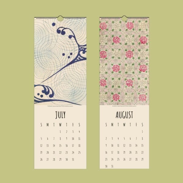 July and August calendar pages with artistic designs.