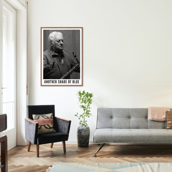 Contemporary living room with Lee Konitz poster on wall.