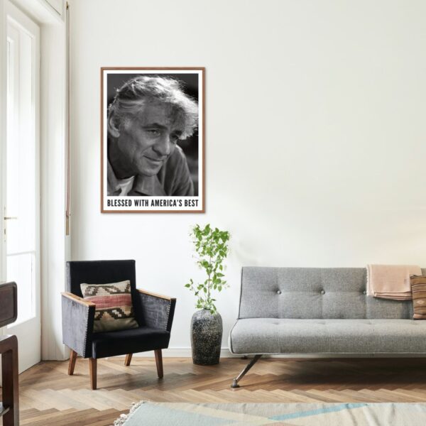 Modern living room with black and white portrait of Leonard Bernstein