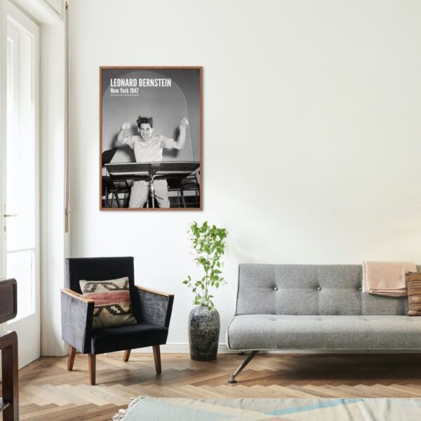 Living room with Leonard Bernstein photo and modern furniture.