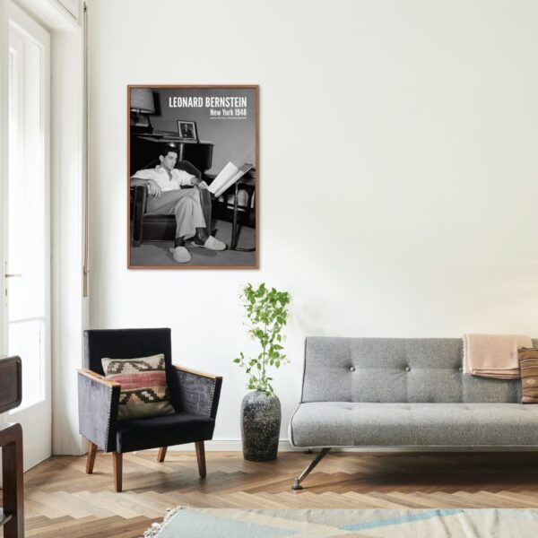 Room with modern decor and framed portrait of Leonard Bernstein