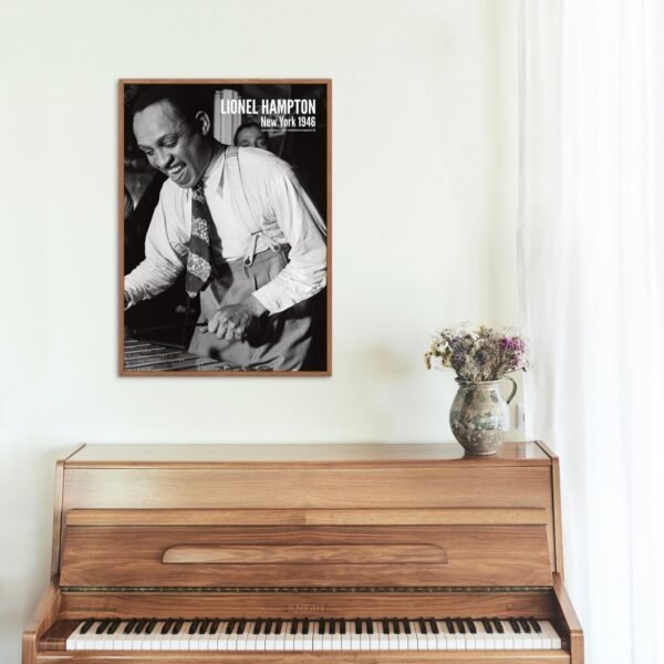 Lionel Hampton poster above wooden piano.