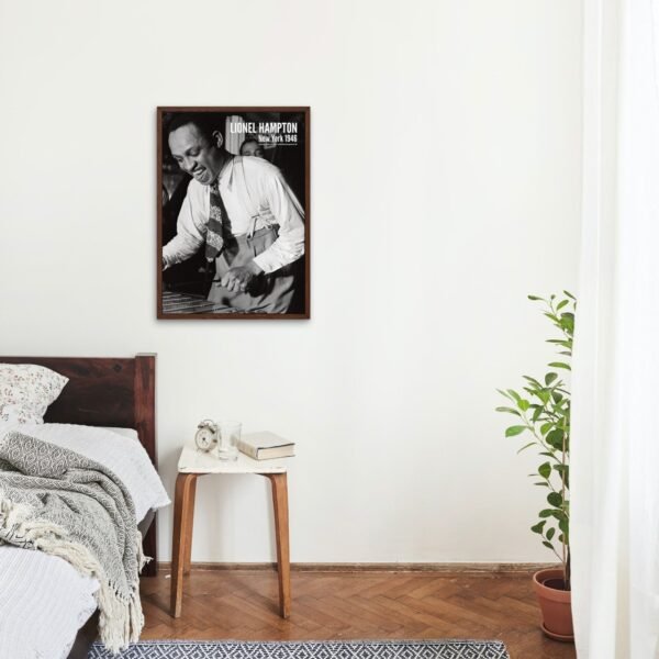 Bedroom with Lionel Hampton poster and houseplant decor.