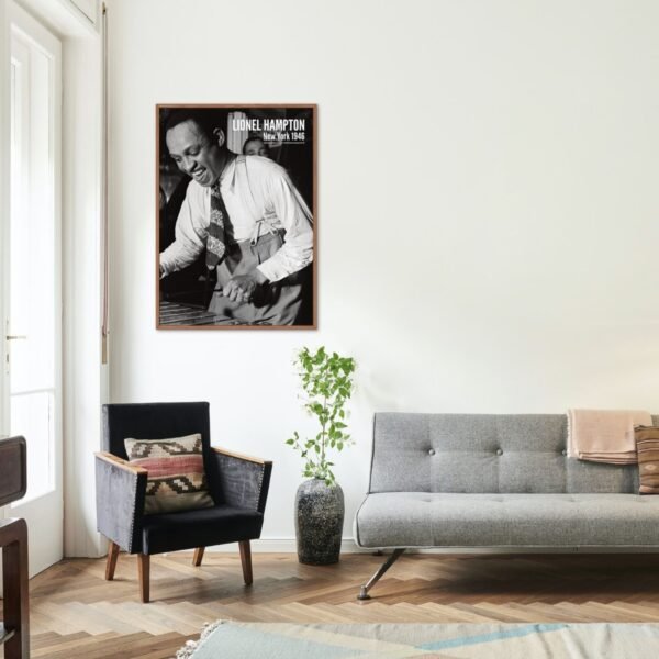 Minimalist living room with framed Lionel Hampton poster