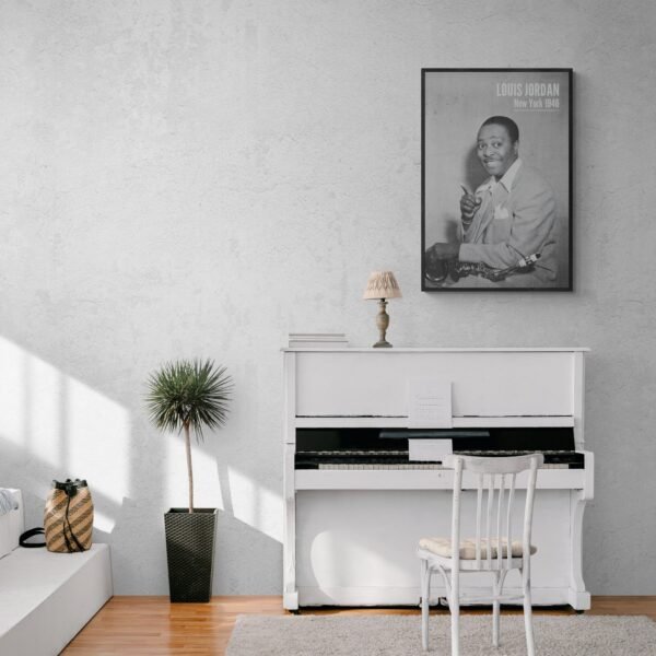 White piano in minimalistic living room decor.