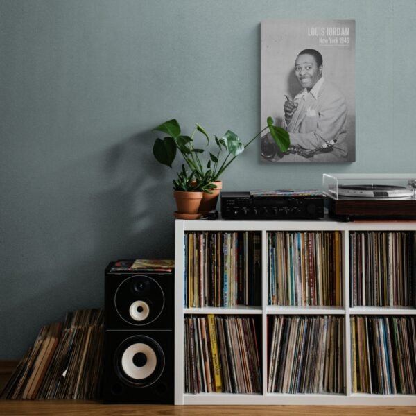 Vinyl collection with turntable and speaker on shelf.