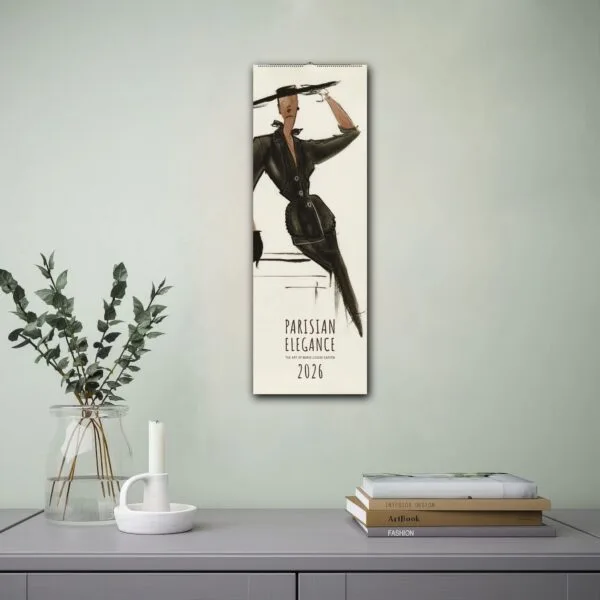 Wall with Parisian Elegance 2026 calendar and decor.