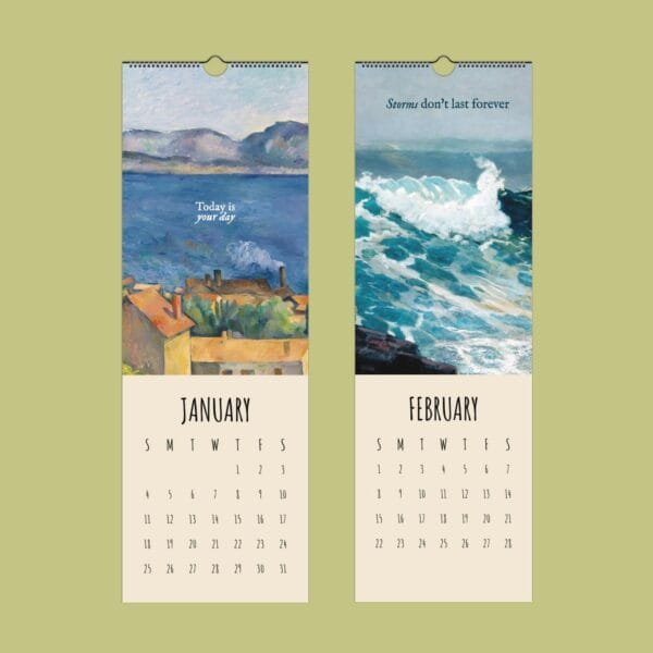 January February calendar with inspirational quotes and art