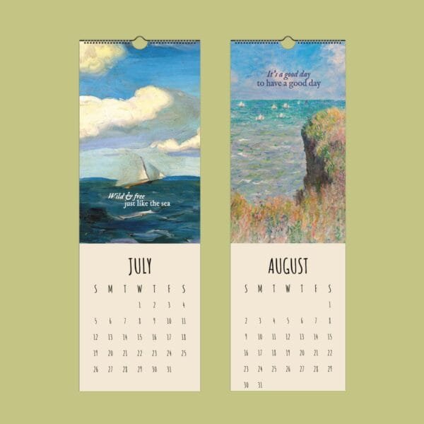 July and August calendar with ocean art.