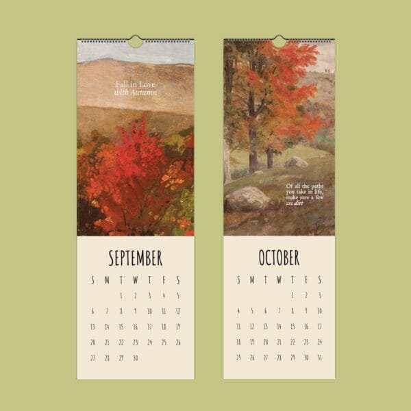 September and October calendar with autumn trees.
