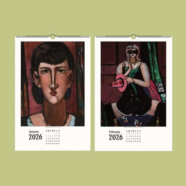 Two-month 2026 calendar with abstract art portraits.
