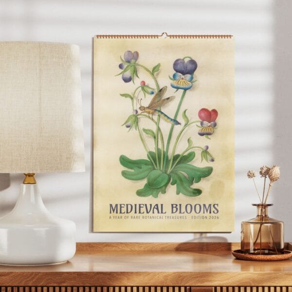 Calendar with medieval botanical illustrations on a table