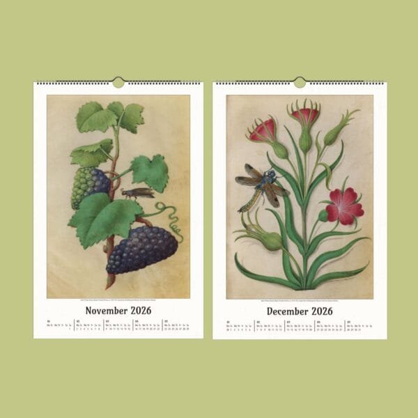 Vintage art calendar for November and December 2026.