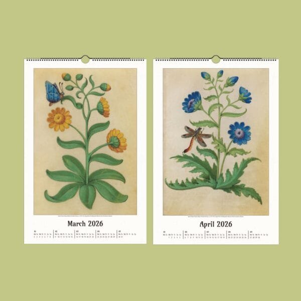 March-April 2026 calendar with botanical illustrations.