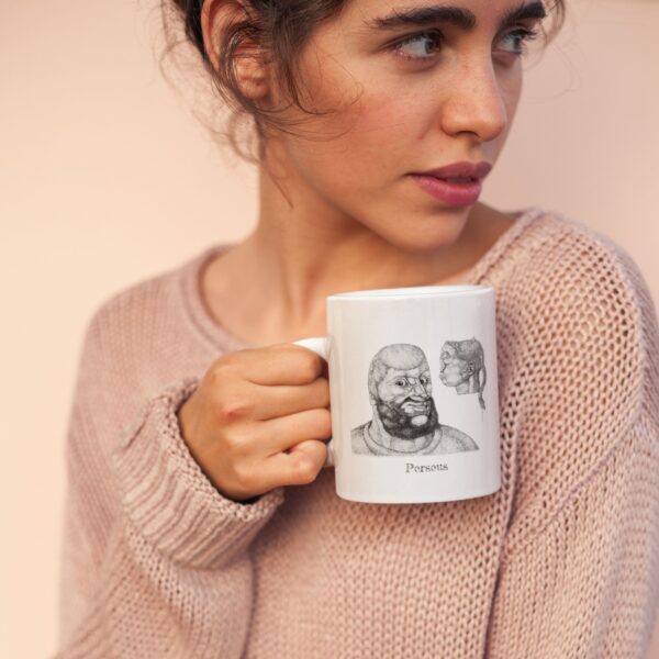 Woman holding a mug with artwork illustration