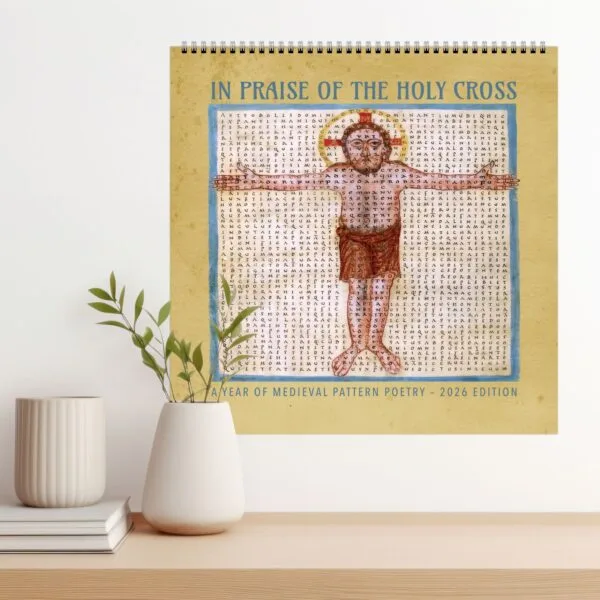 Medieval poetry calendar 2026 with holy cross illustration.