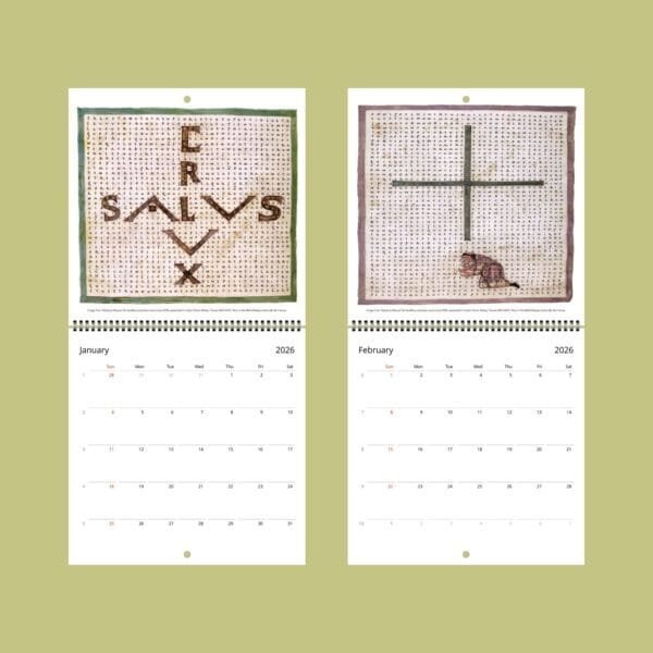 2026 calendar with cross-stitch designs, January and February
