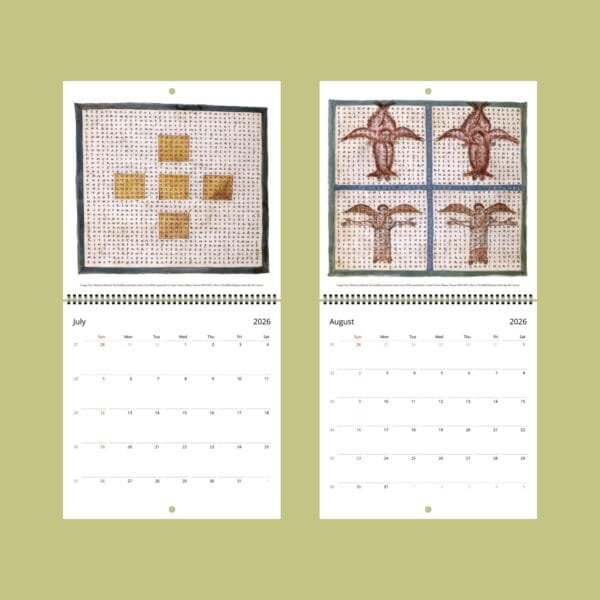 Historical tapestry calendar: July and August 2026 pages.