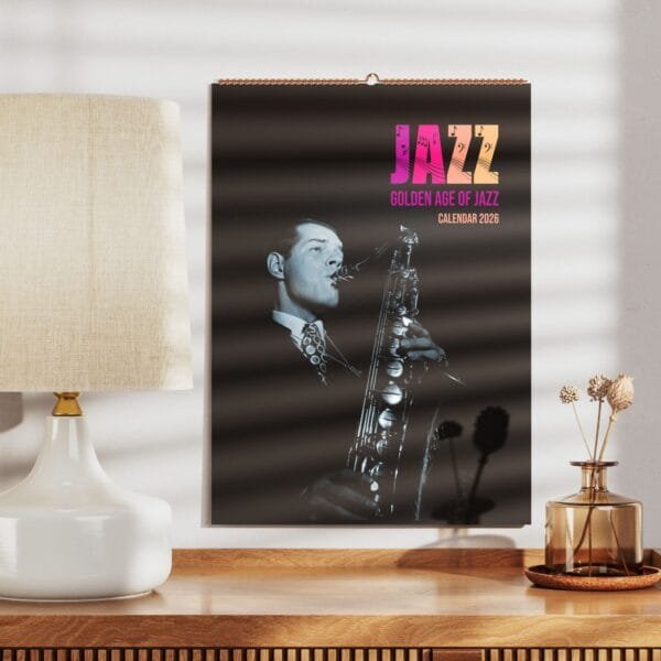 Jazz musician playing saxophone, Golden Age calendar 2026.