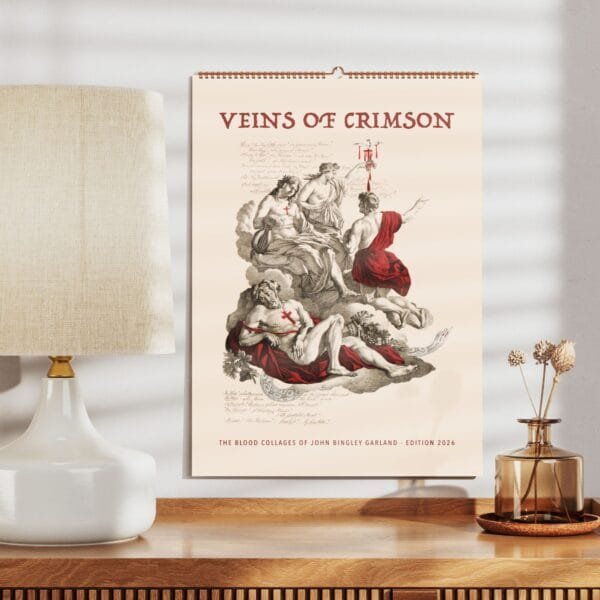Veins of Crimson 2026 art calendar on wall.