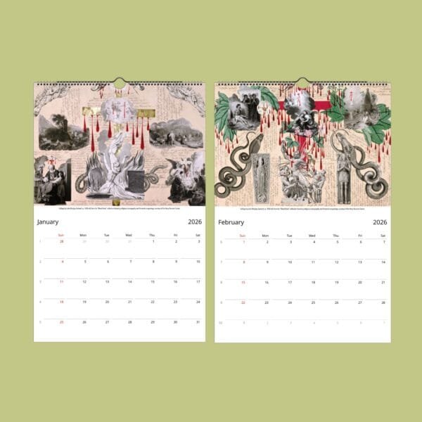 2026 calendar with vintage collage artwork.
