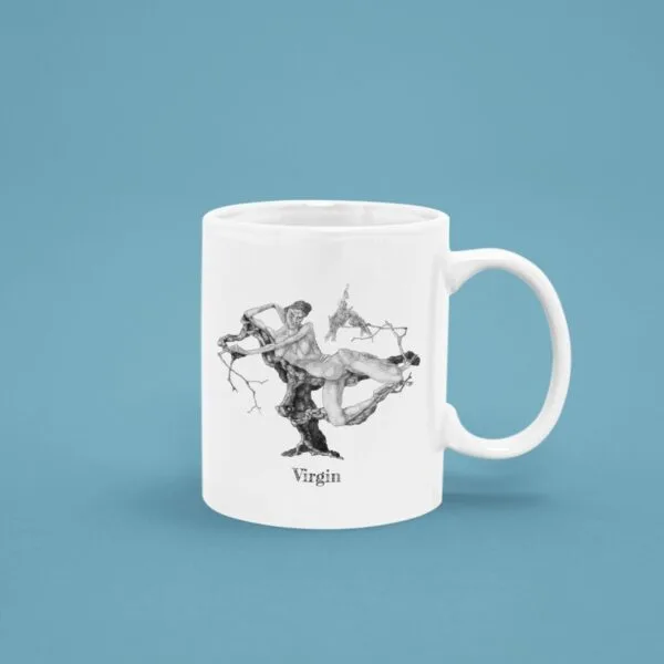 White mug with abstract art on green background