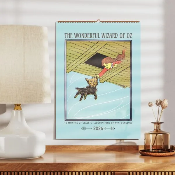 Wizard of Oz calendar illustration with Dorothy and Toto.