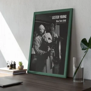 Framed photo of Lester Young on a desk.