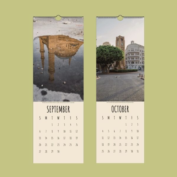 September and October calendar pages with city images.