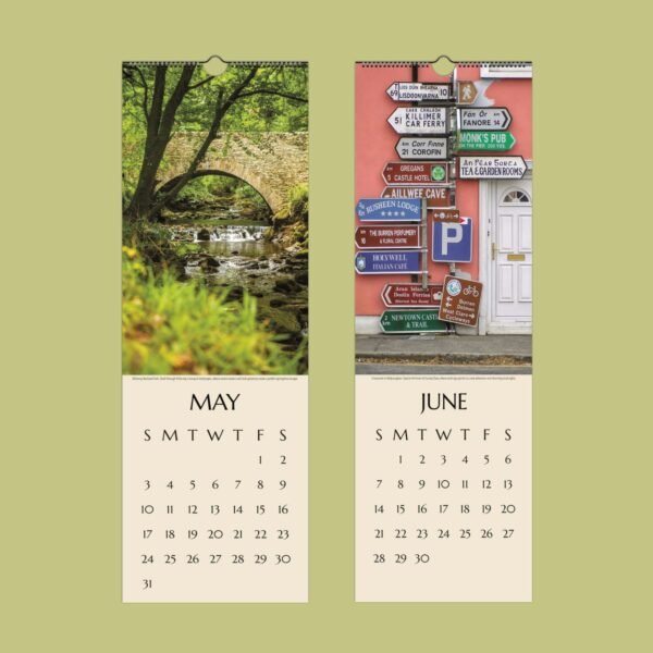 May and June calendar pages with nature and signs.