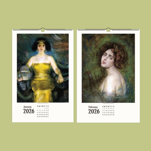 Artistic 2026 calendar with January and February pages.