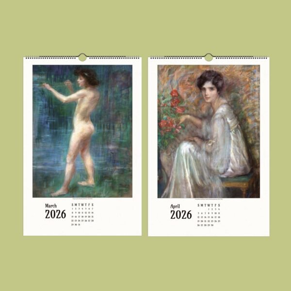 March April 2026 calendar with art illustrations.