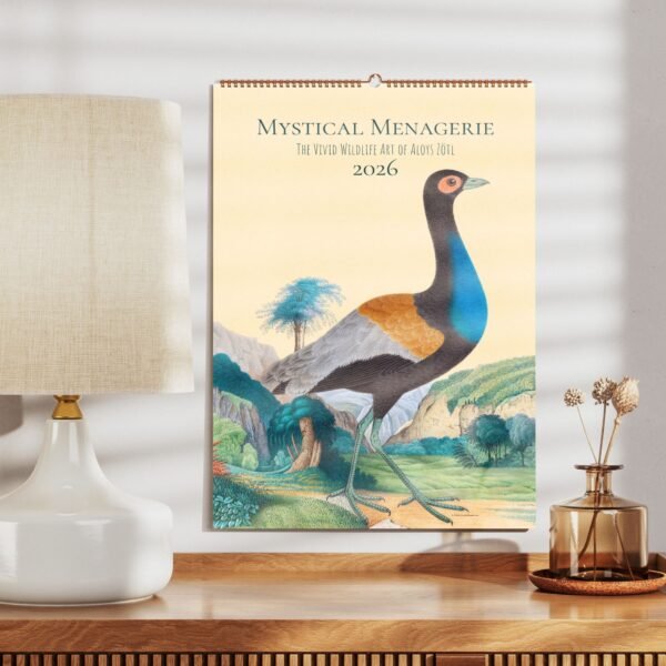 Mystical Menagerie 2026 wildlife art calendar on wall.