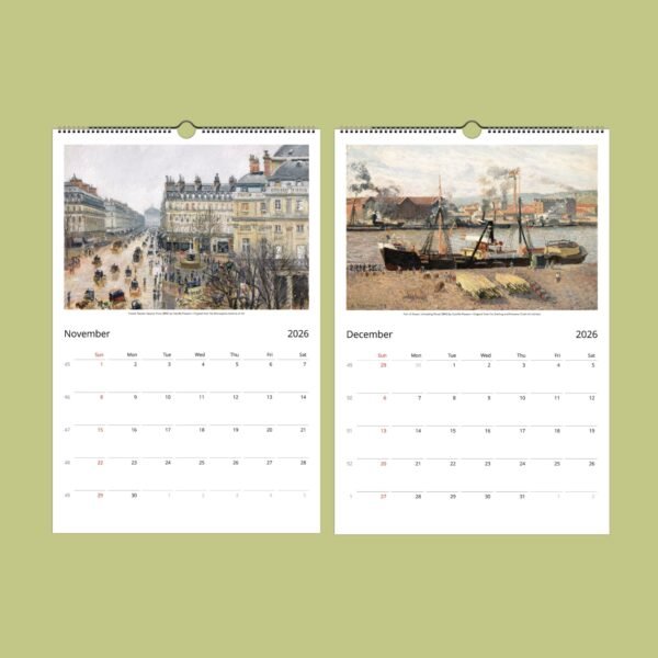 2026 calendar with Impressionist art for November, December.