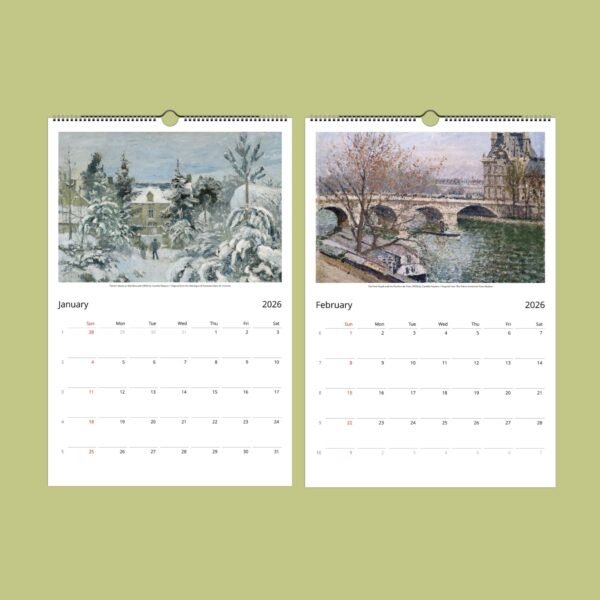 2026 calendar with January, February art images.