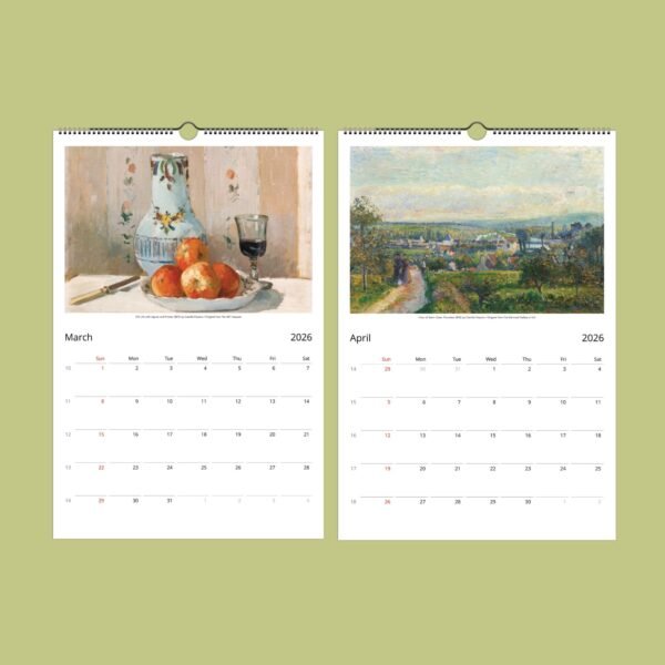 Artistic calendar pages for March and April 2026