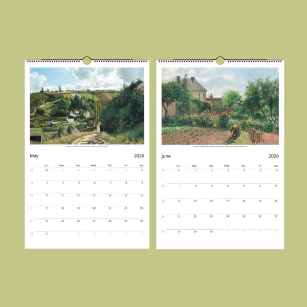 2026 calendar pages for May and June with paintings.